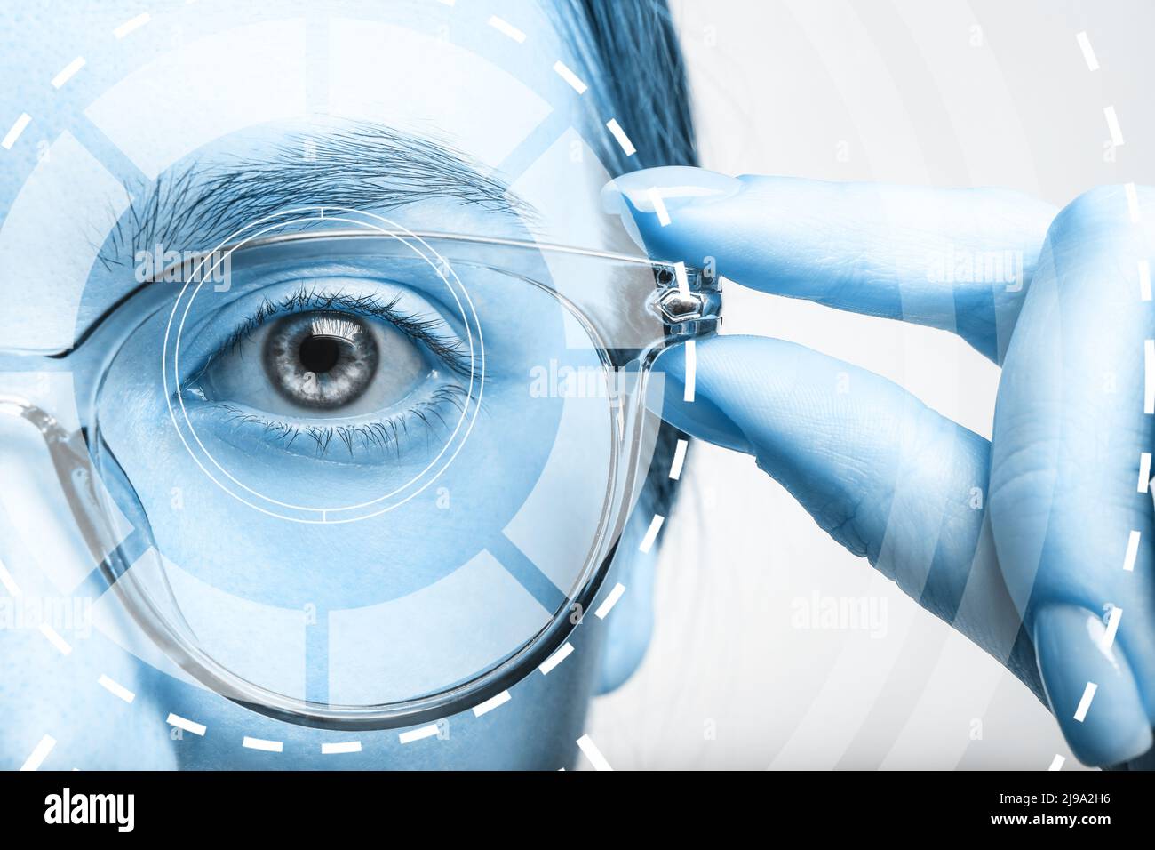Young woman with iris scanning, closeup view Stock Photo