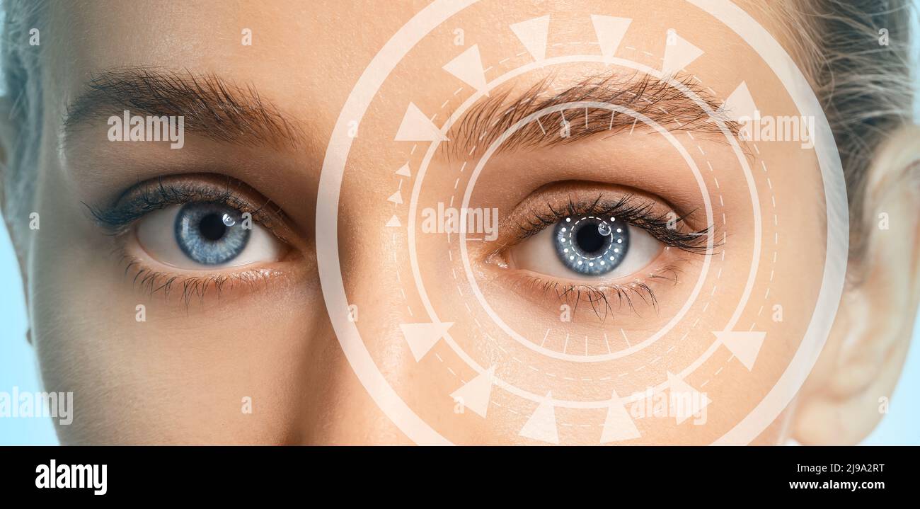 Young woman with iris scanning, closeup view Stock Photo