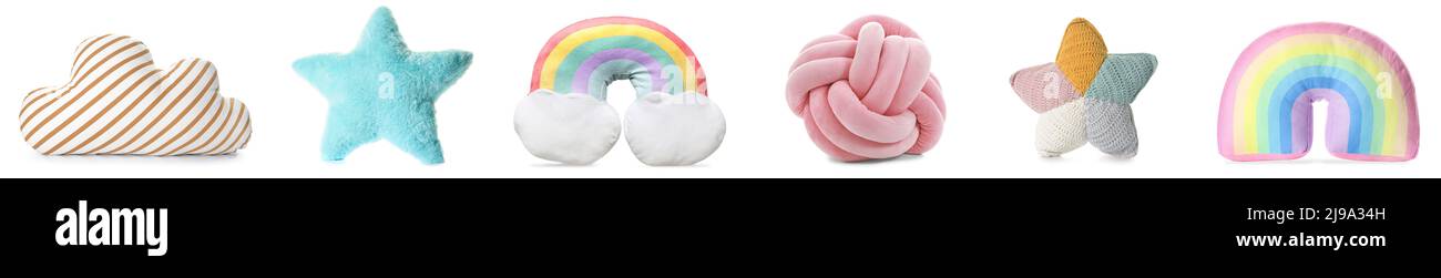 Set of different creative soft pillows on white background Stock Photo
