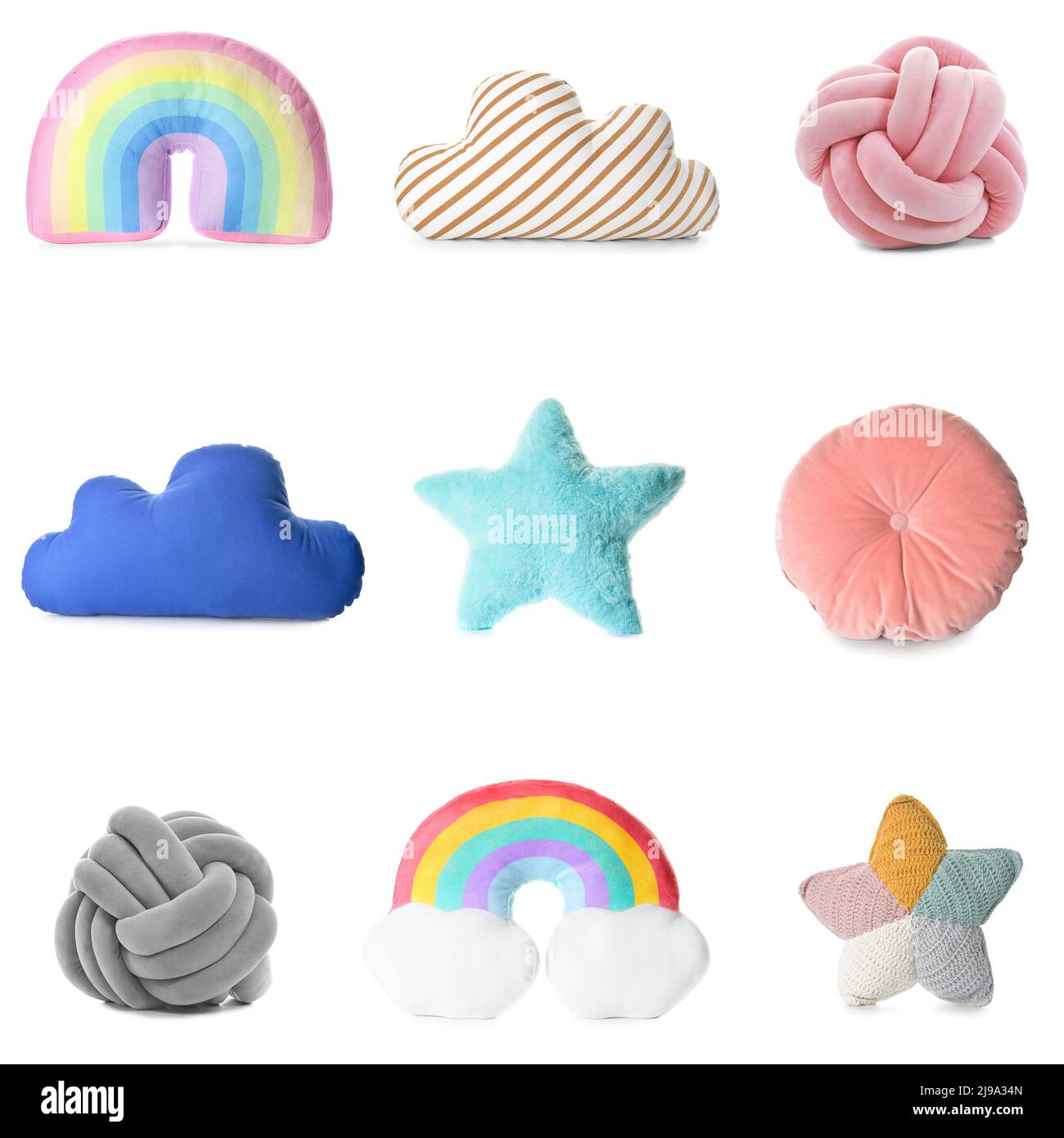 Set of different creative soft pillows on white background Stock Photo