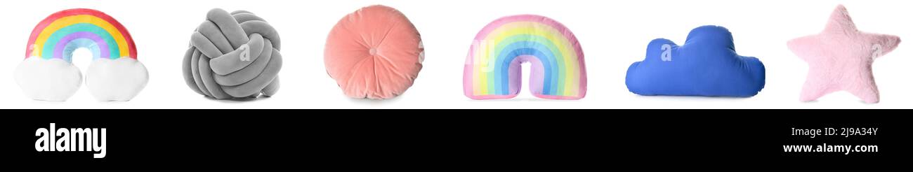 Set of different creative soft pillows on white background Stock Photo