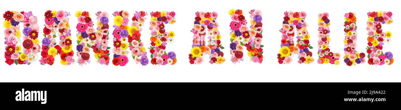 Text DANKE AN ALLE (German for Thanks to all) made of beautiful flowers on white background Stock Photo