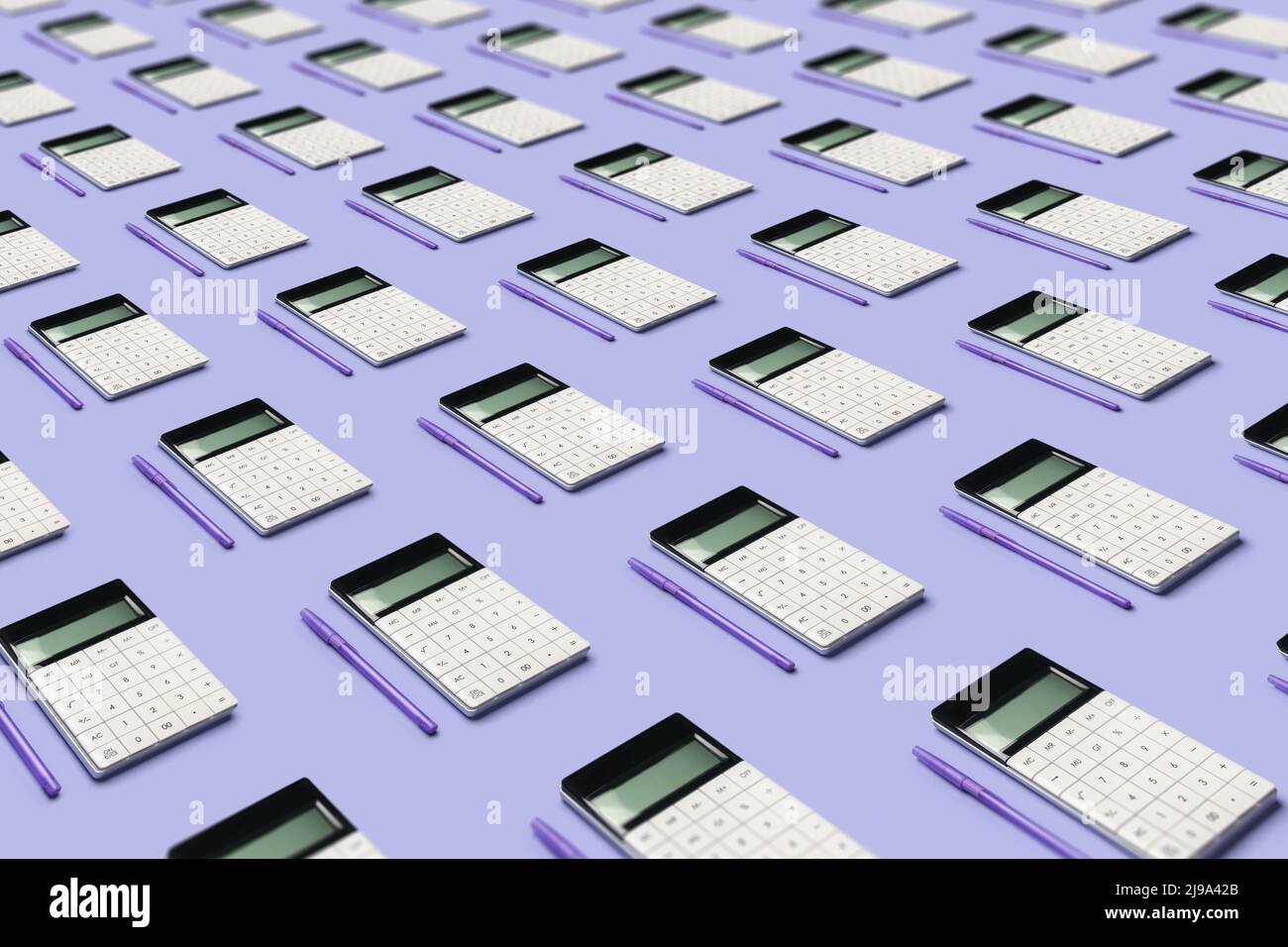 Many calculators and pens on lilac background. Pattern for design Stock ...