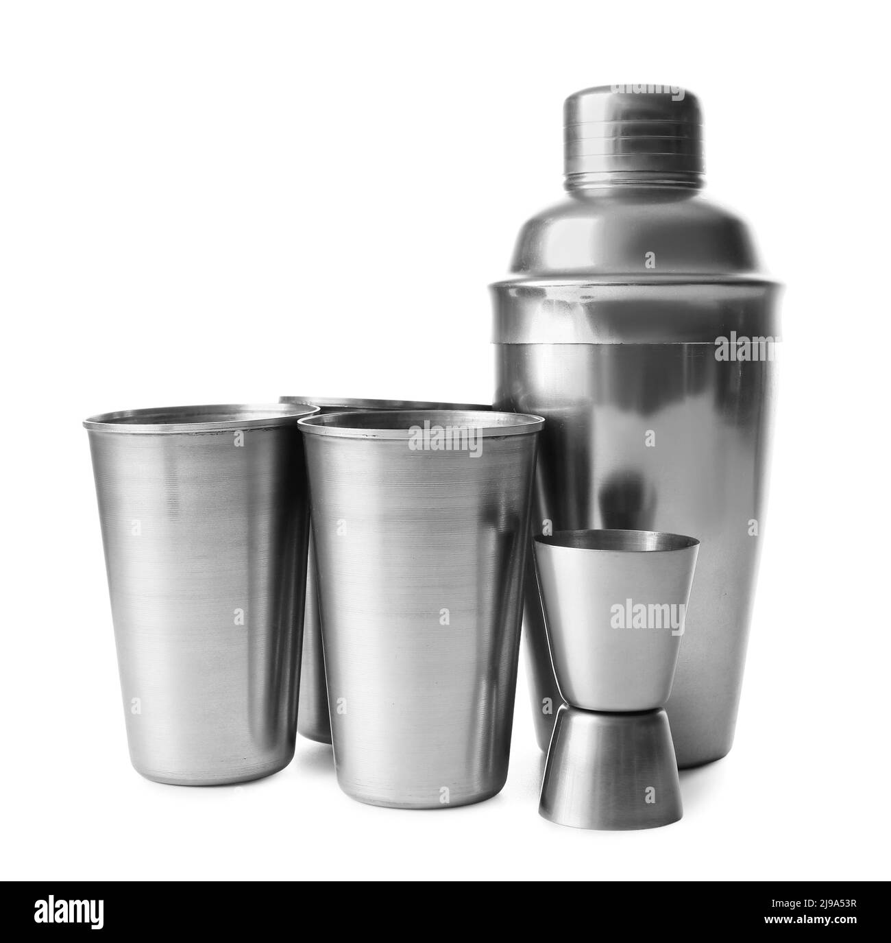 Double jigger, cobbler and cocktail shakers on white background Stock