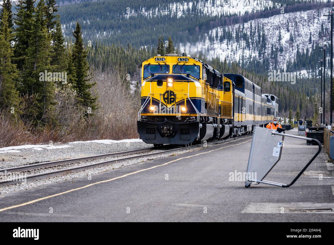 Alaska Railroad  passenger train enters Denali Train Depot Stock Photo