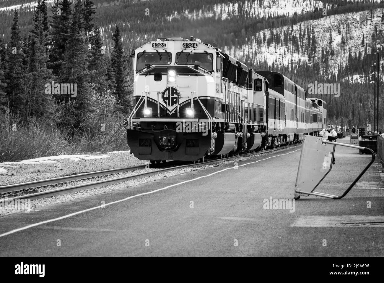 Alaska Railroad passenger train enters Denali Train Depot Stock Photo