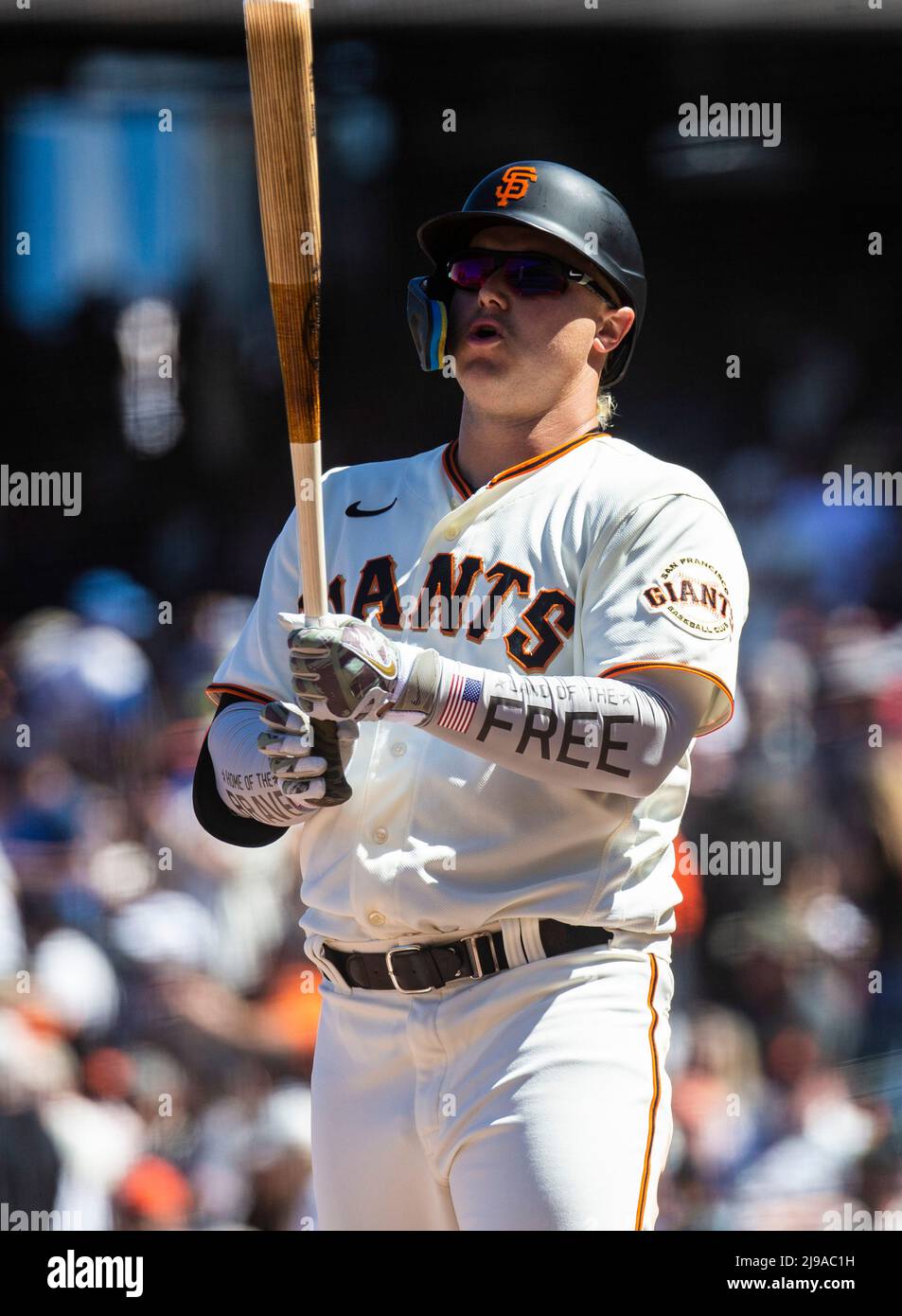 May 21 2022 San Francisco CA, U.S.A. San Francisco left fielder Joc Pederson  (23) up at bat during MLB game between the San Diego Padres and the San  Francisco Giants. The Padres