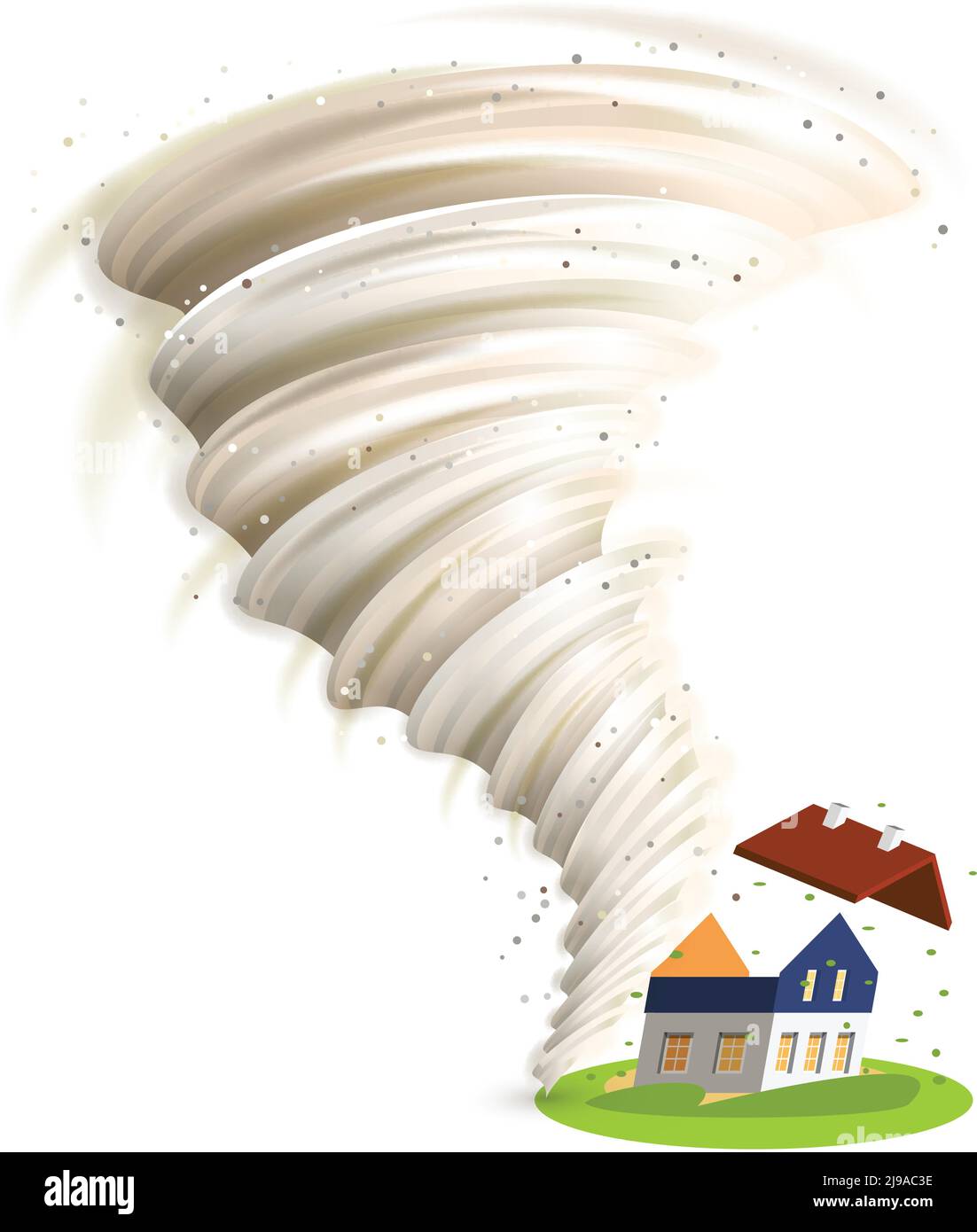 Tornado swirl damages village house roof vector illustration Stock Vector