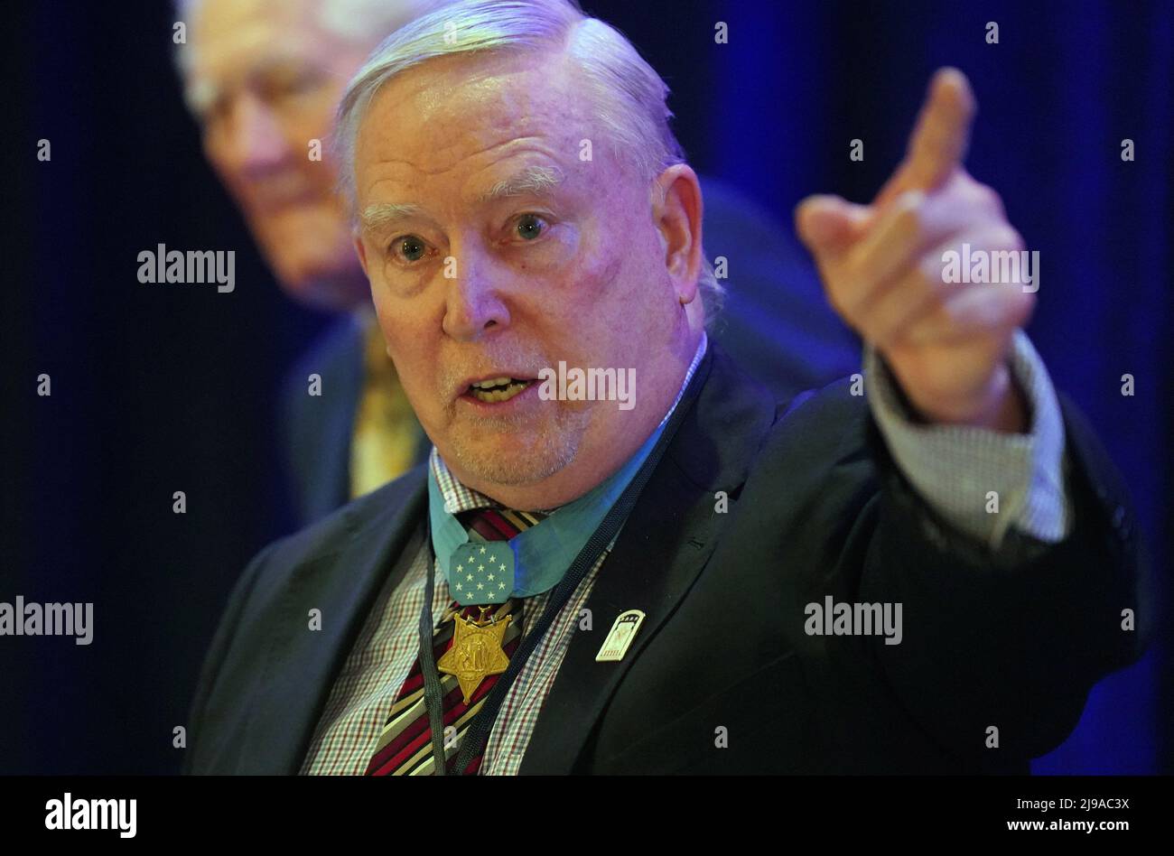 Frontenac, United States. 21st May, 2022. Medal of Honor recipient Ret. Col. Donald Ballard of Kansas City, Missouri makes his remarks at a dinner for the Missouri's National Veterans Memorial in Frontenac, Missouri on Saturday, May 21, 2022. Ballard, a Hospital Corpsman Second Class of the Vietnam war, is one of 65 living recipients of the medal that has been awarded to 3,520. The medal is the highest military decoration presented by the United States government to a member of its armed forces. Photo by Bill Greenblatt/UPI Credit: UPI/Alamy Live News Stock Photo