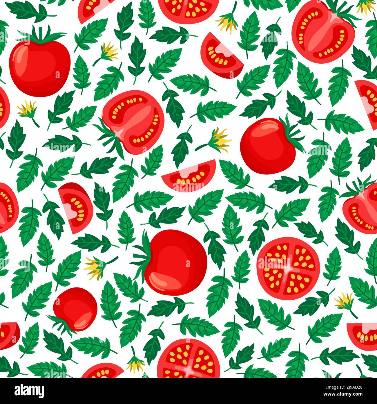 tomatoes seamless pattern, white background with sliced and whole tomatoes and leaves Stock Vector
