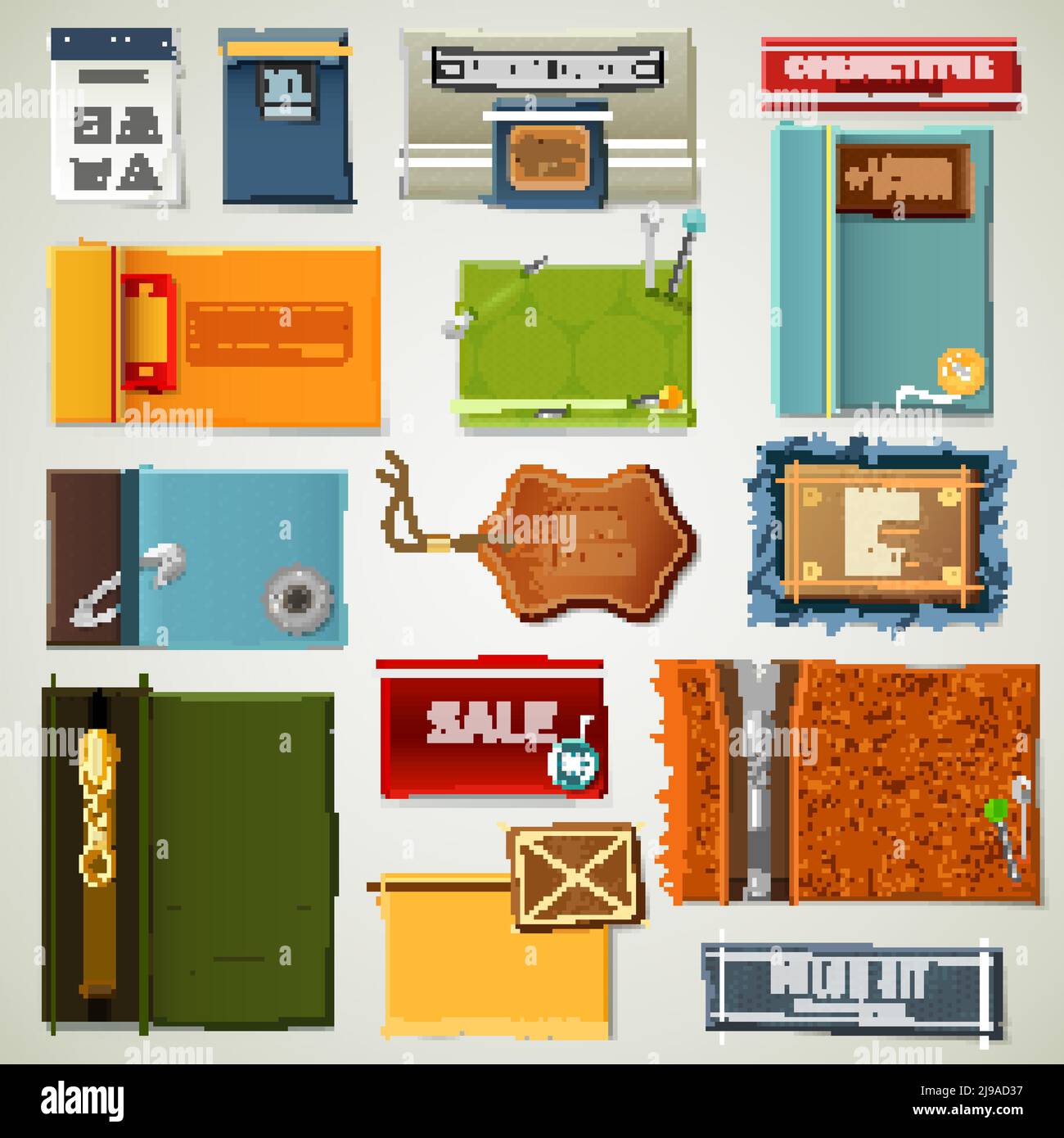 Textile realistic labels set for clothes with buttons and pins isolated