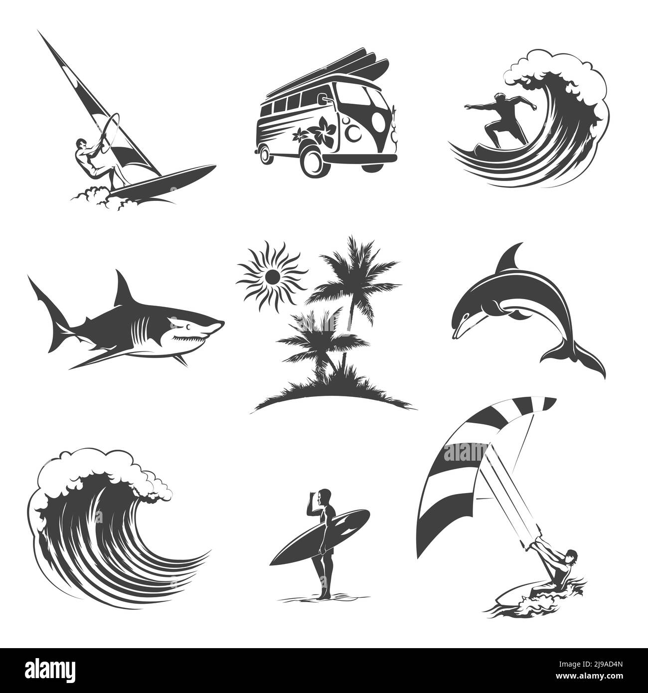 Surfing icons set. Sport surf sea, beach and travel, surfer sign, vector illustration Stock Vector