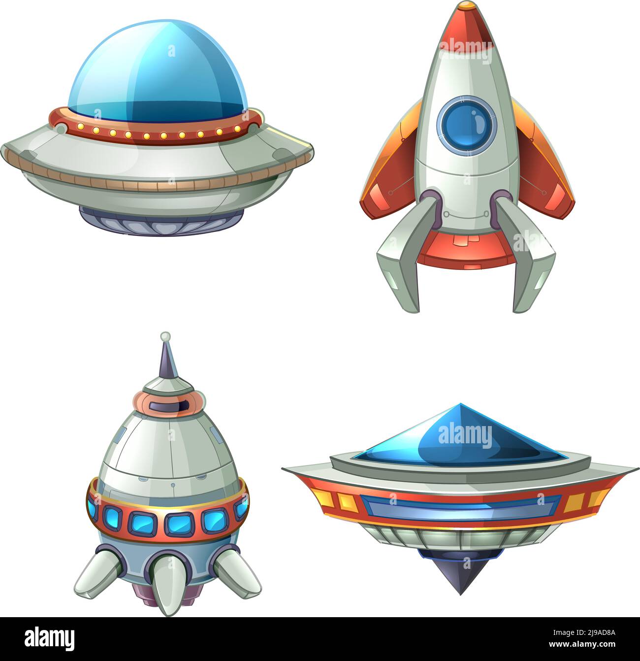 Spaceship and UFO vector set in cartoon style. Rocket and spacecraft ...