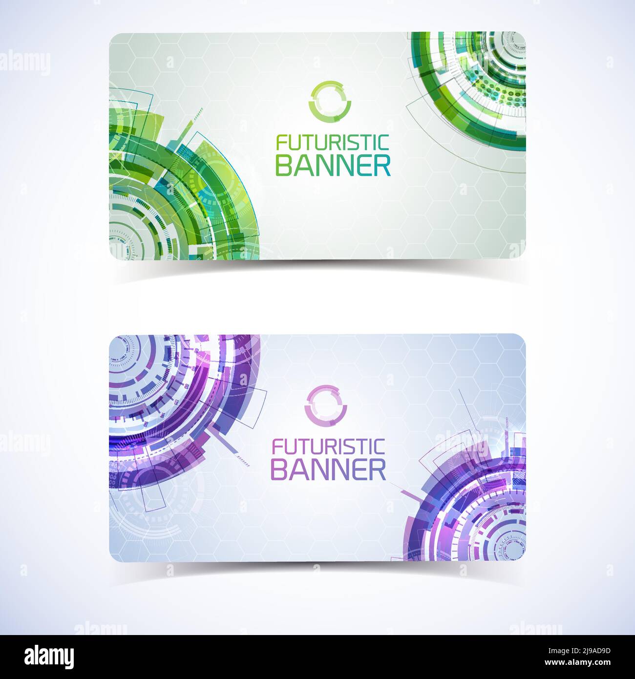Set of two isolated modern virtual technology horizontal banners with decorative gradient stamps detailed futuristic circles vector illustration Stock Vector
