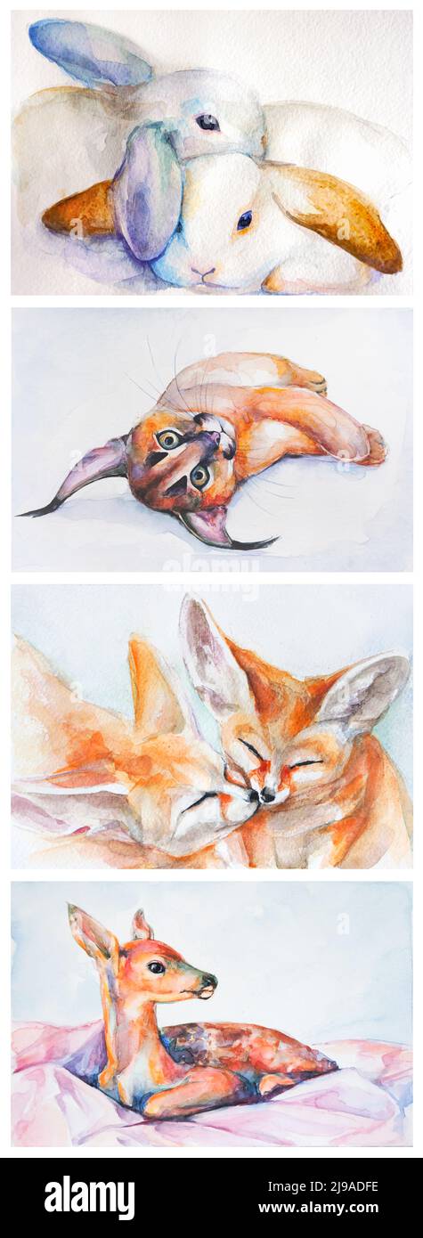 Watercolor infantile illustration set of cute forest animals.  Stock Photo