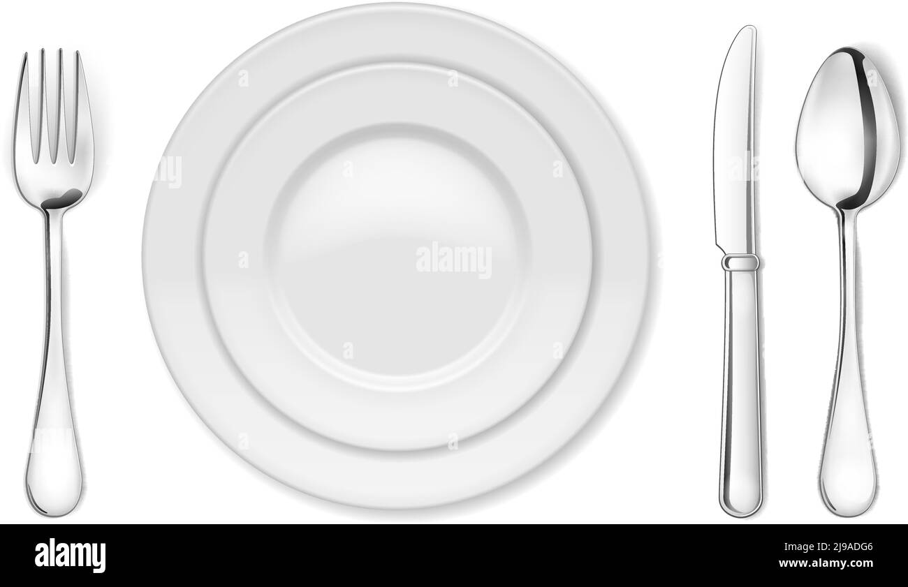 Vector Dinner plate, knife, fork and spoon isolated on white backgrond ...