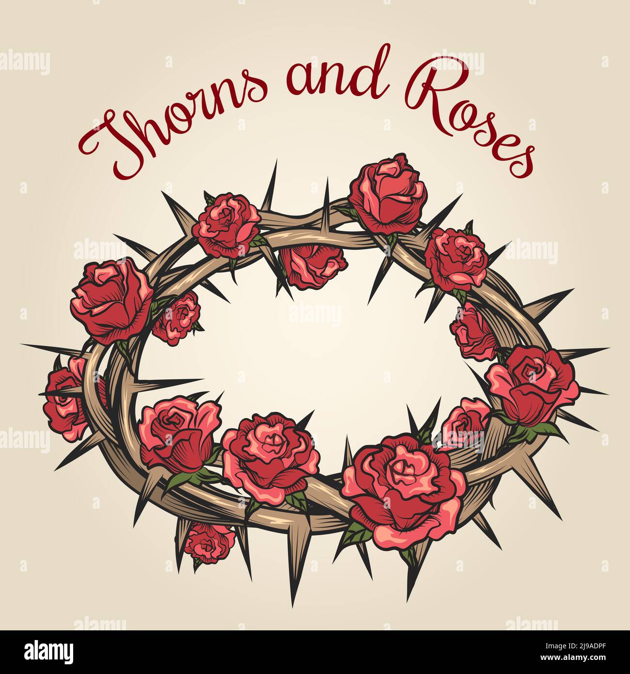 Thorns and roses engraving emblem. Floral flower frame, plant nature, vector illustration Stock Vector