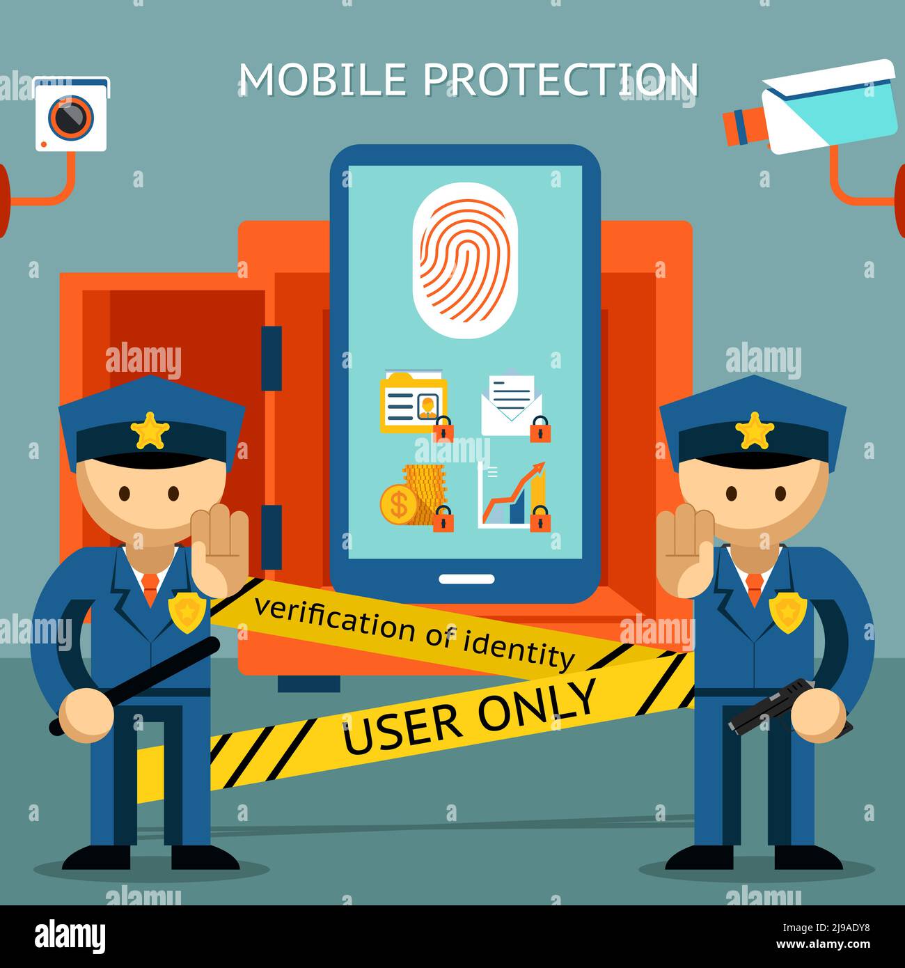 Protect your cell phone, fingerprint, only to owner. Financial security and data confidentiality Stock Vector