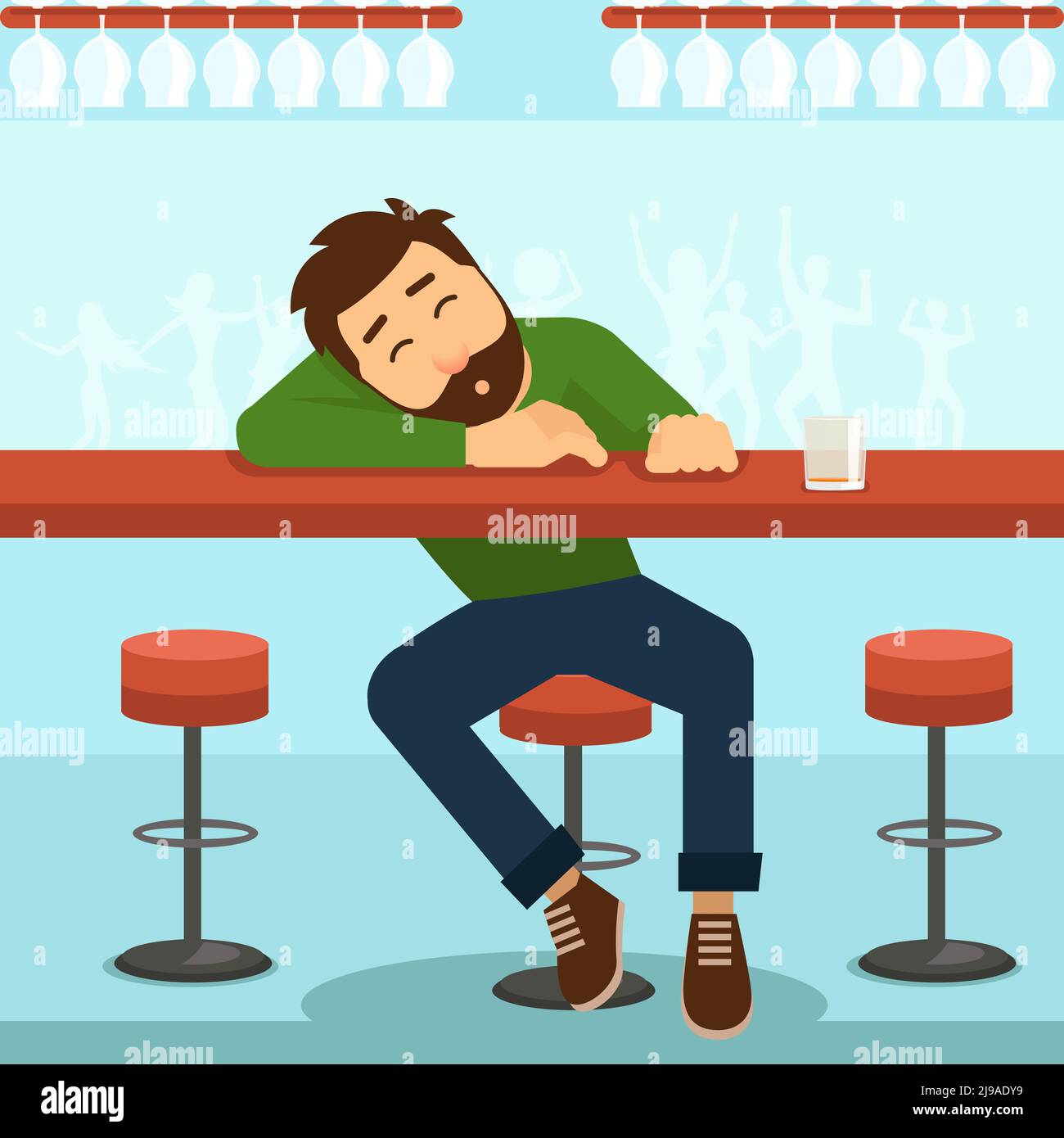 Drunk man. Alcohol and glass, person and table, alcoholism and whiskey, vector illustration Stock Vector