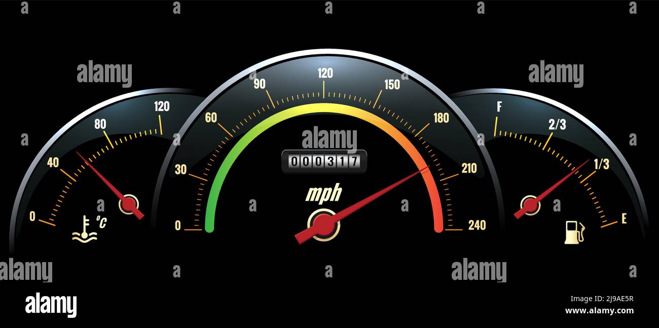 Vector Speedometer Panel. Black panel temperature reading, speed and