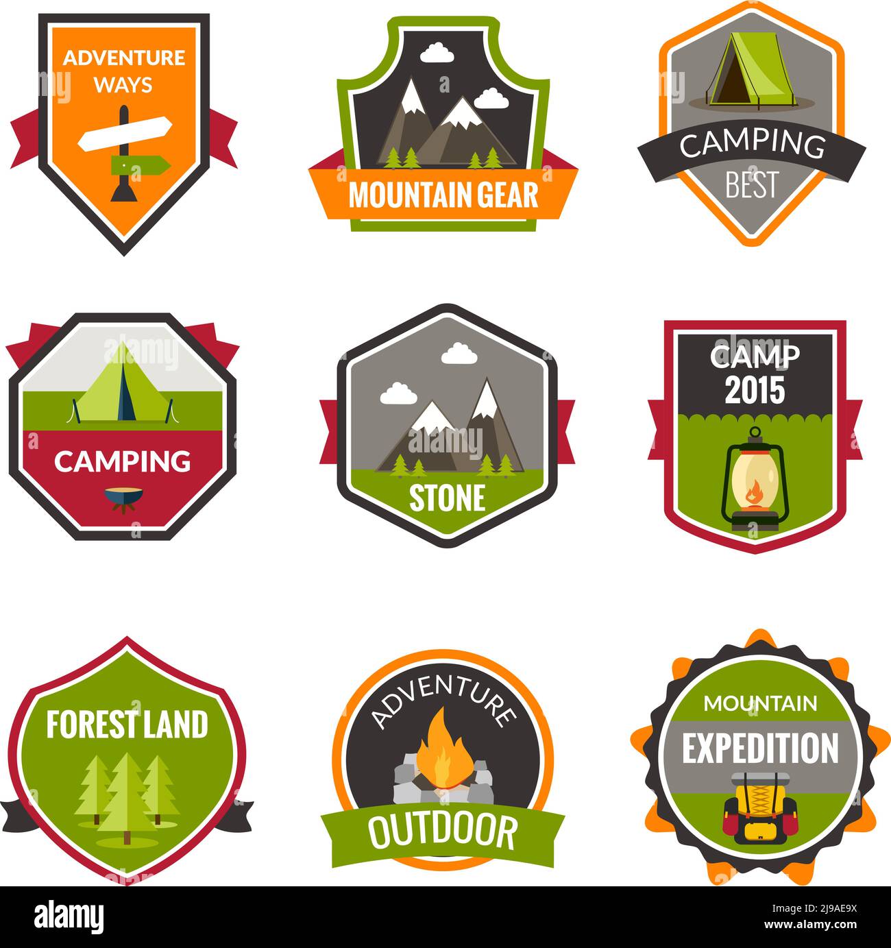 Tourist mountain expedition and camping label set isolated vector ...