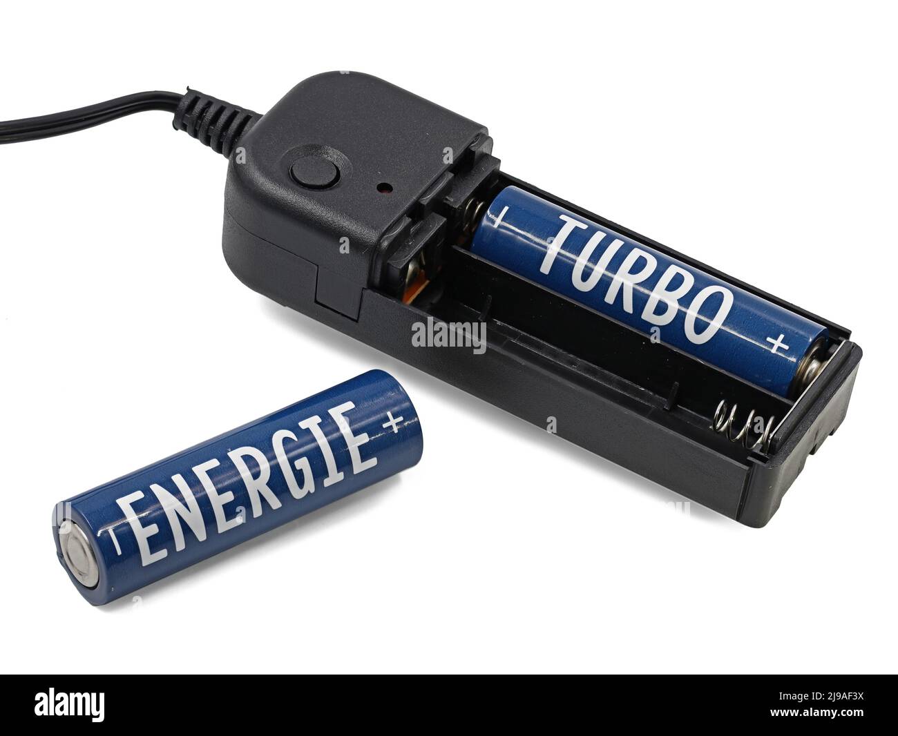 battery compartment with blue batteries and the words energy and turbo, isolated on white background Stock Photo