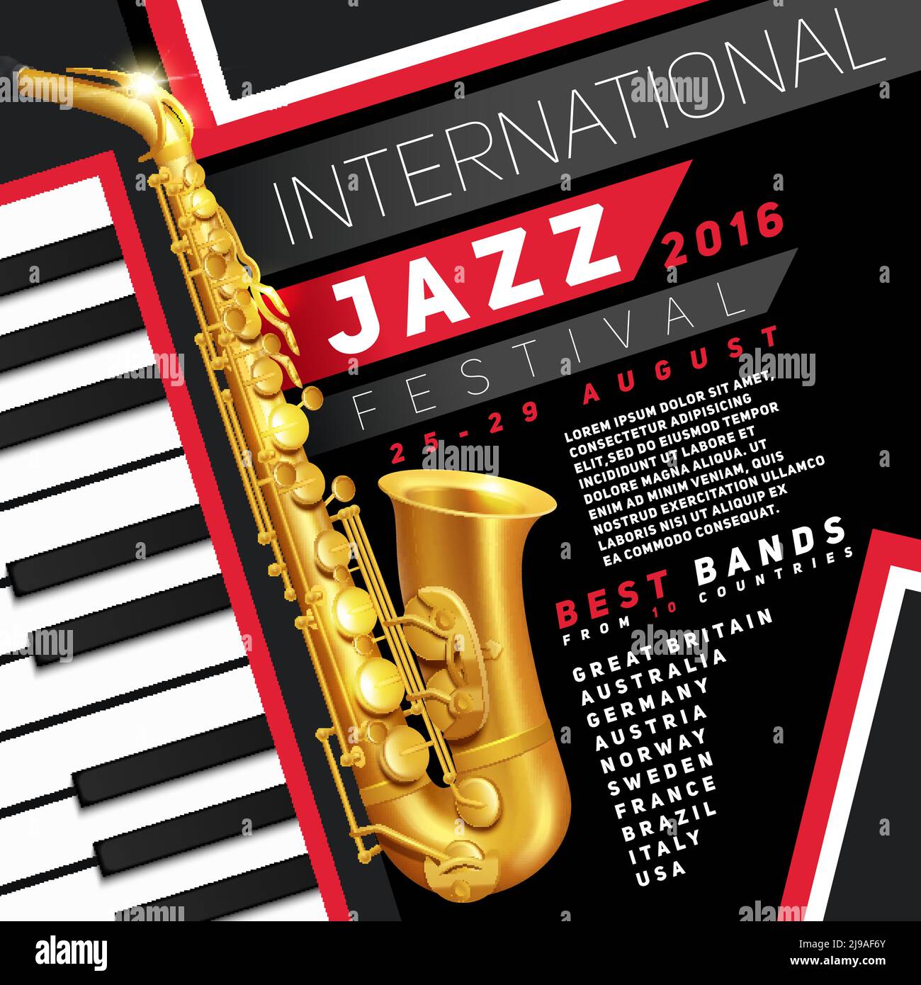 Poster for jazz festival with golden saxophone and piano keys vector Illustration Stock Vector