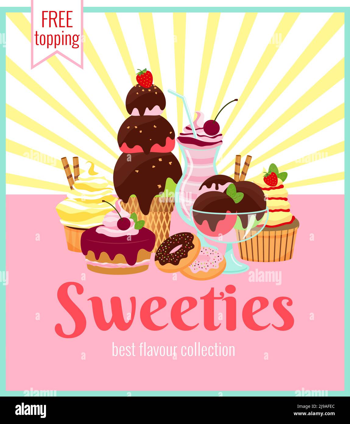 Sweeties retro poster design with a colorful array of ice cream  cakes  cookies  donuts  and cupcakes over a pink background with yellow rays and text Stock Vector