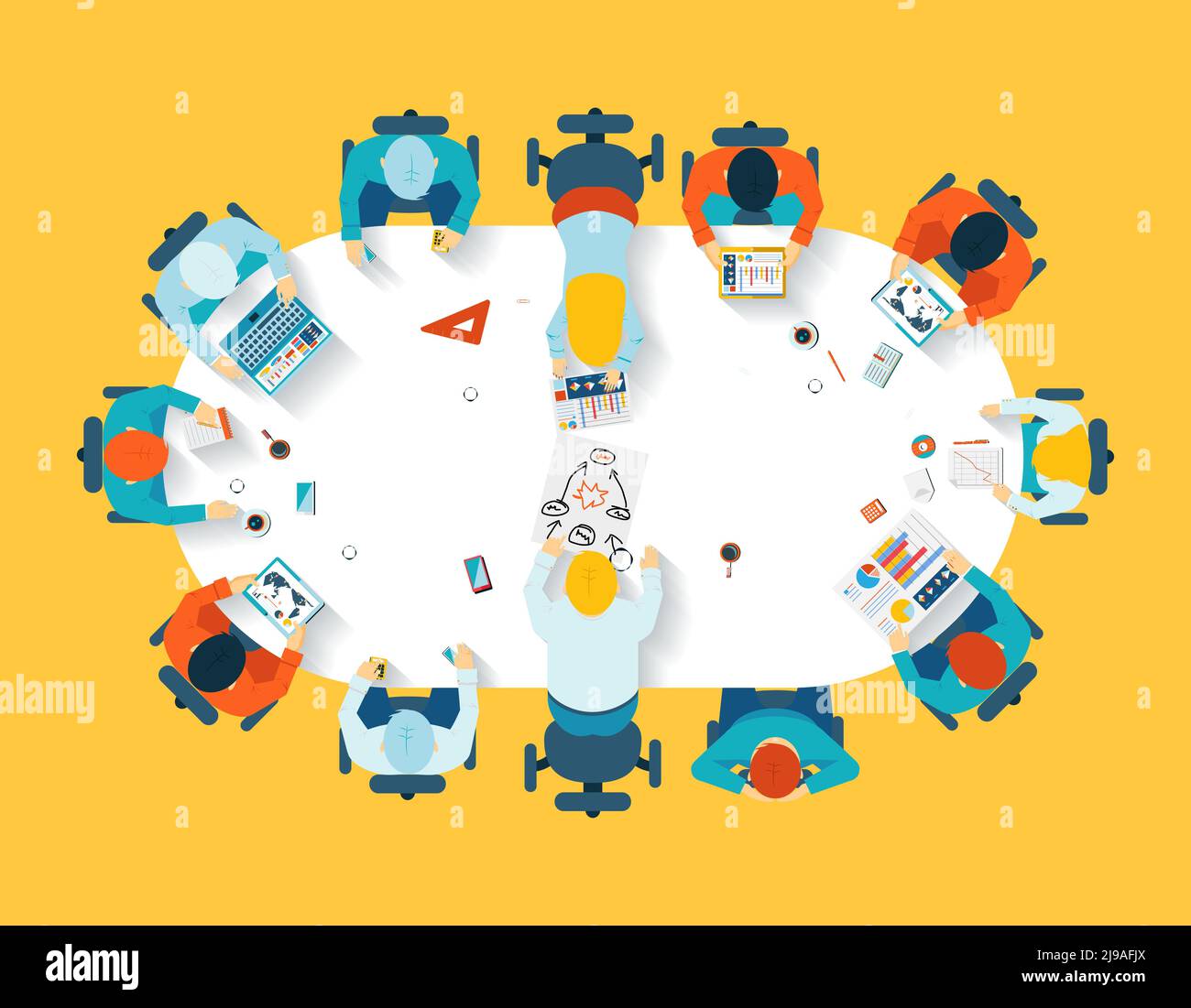 Teamwork. Business brainstorming top view. Office team, meeting table