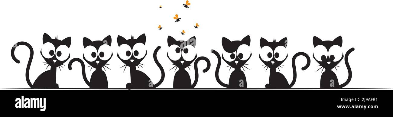 Cats cartoon illustrations isolated on white background. Funny cats silhouettes on wire. Childish wall decals. Wall art design Stock Vector