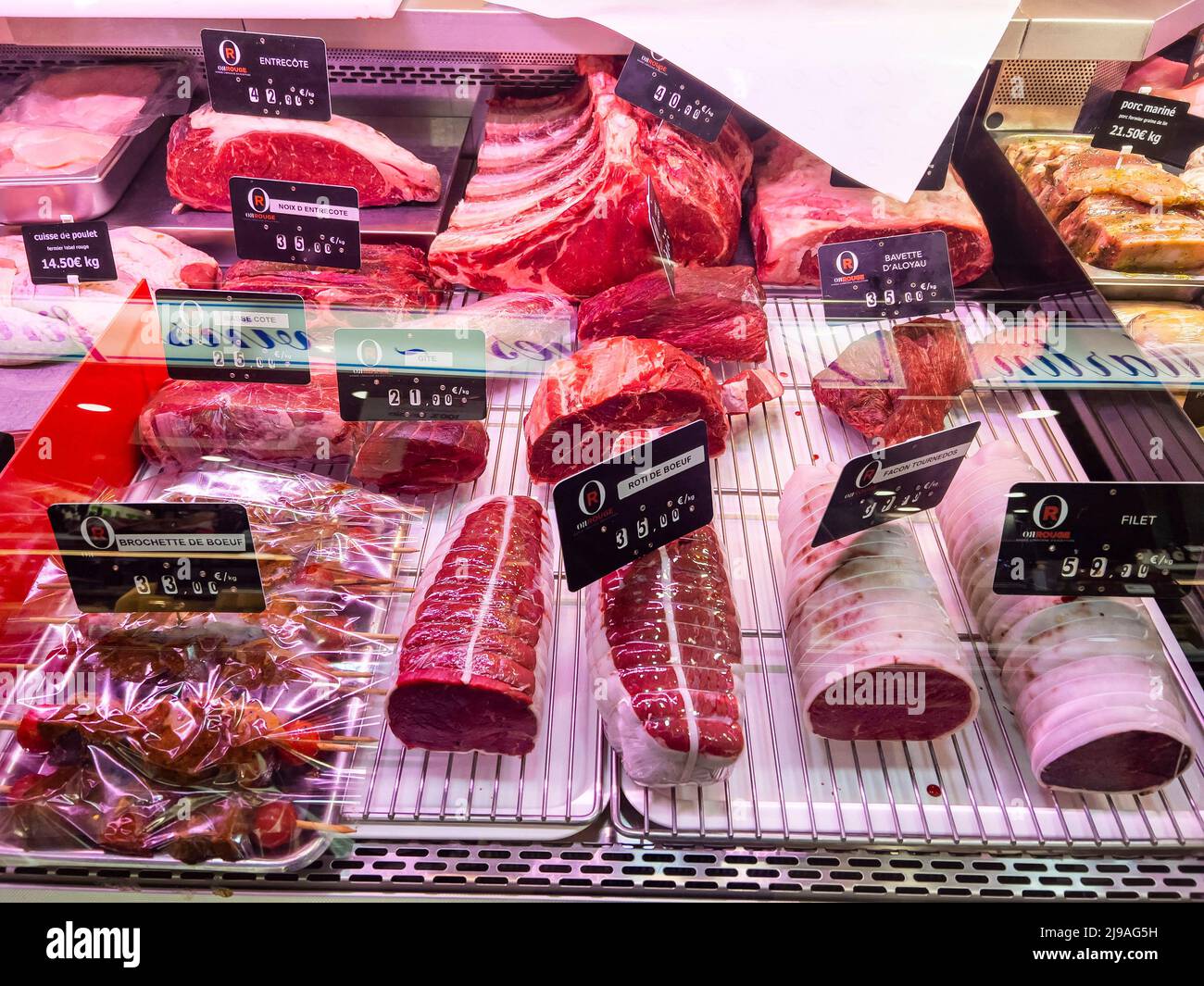 Paris, France April 7, 2022 Raw meat at grocery supermarket with