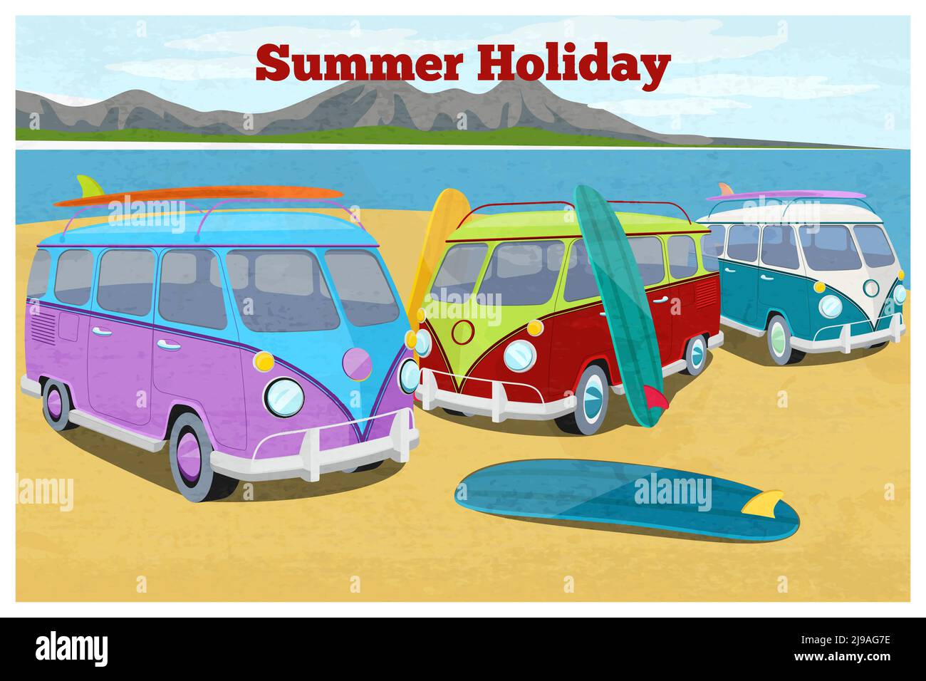 Summer travel design with surfing camper van. Car retro and vintage vehicle transportation, beach vacation, sand and coast, vector illustration Stock Vector