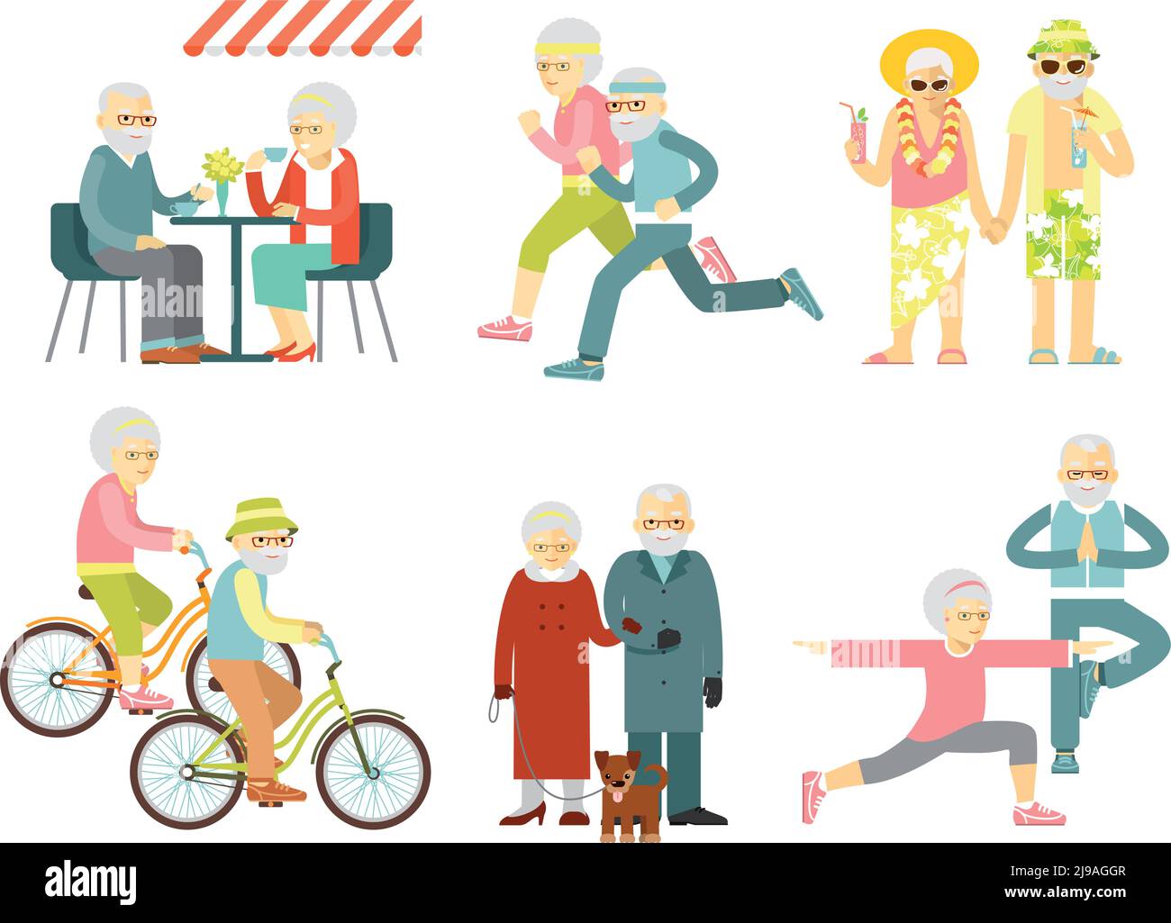 Old people in different poses, gestures, actions and situations. Healthy and active lifestyle for elderly. Stock Vector