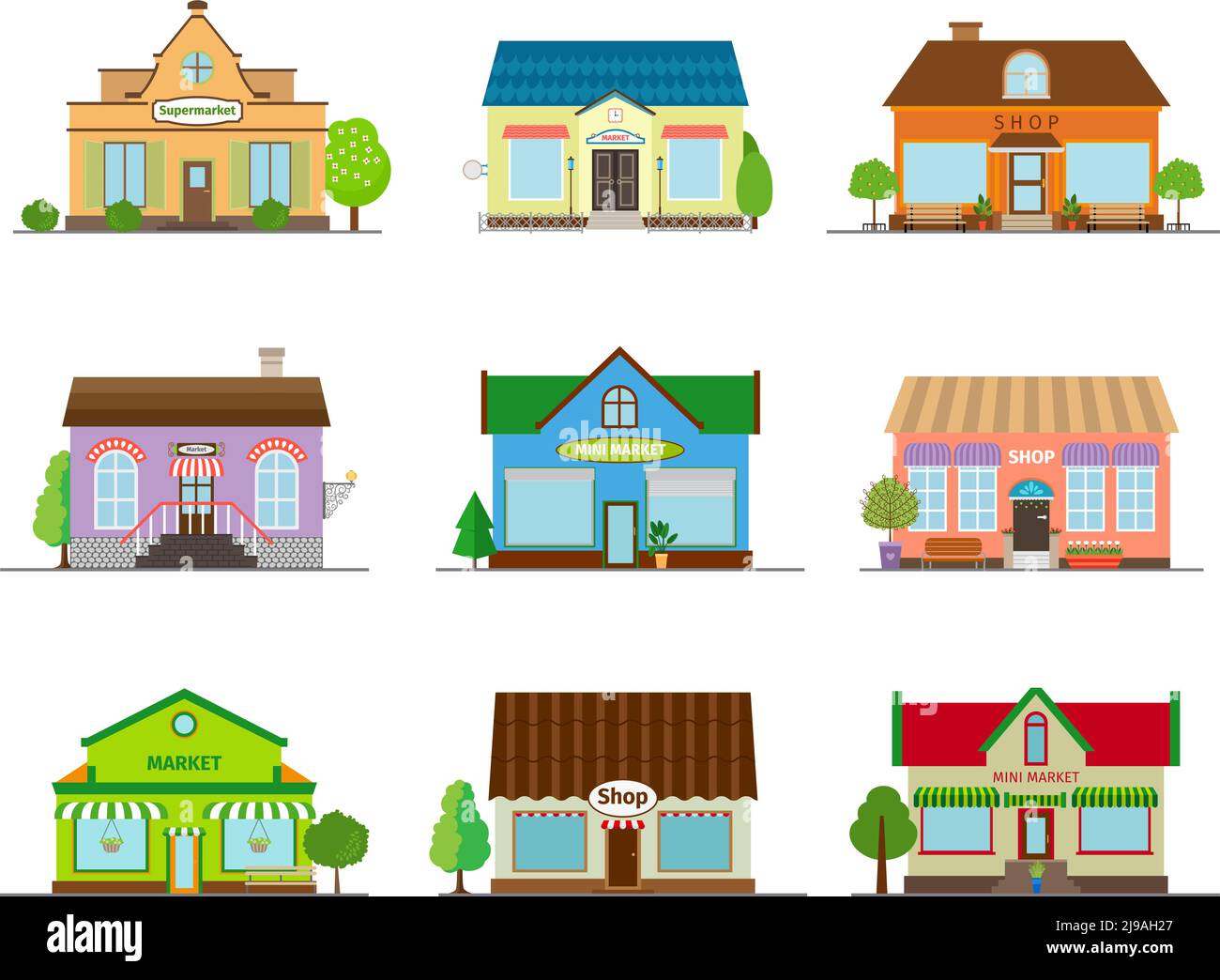 Stores and shops buildings. Business street retail, architecture market and showcase. Vector illustration Stock Vector