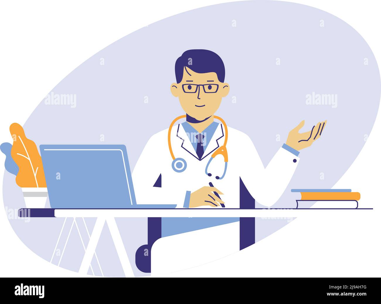 Practitioner young doctor man sits by the table in hospital medical office. Consultation and diagnosis. Stock Vector