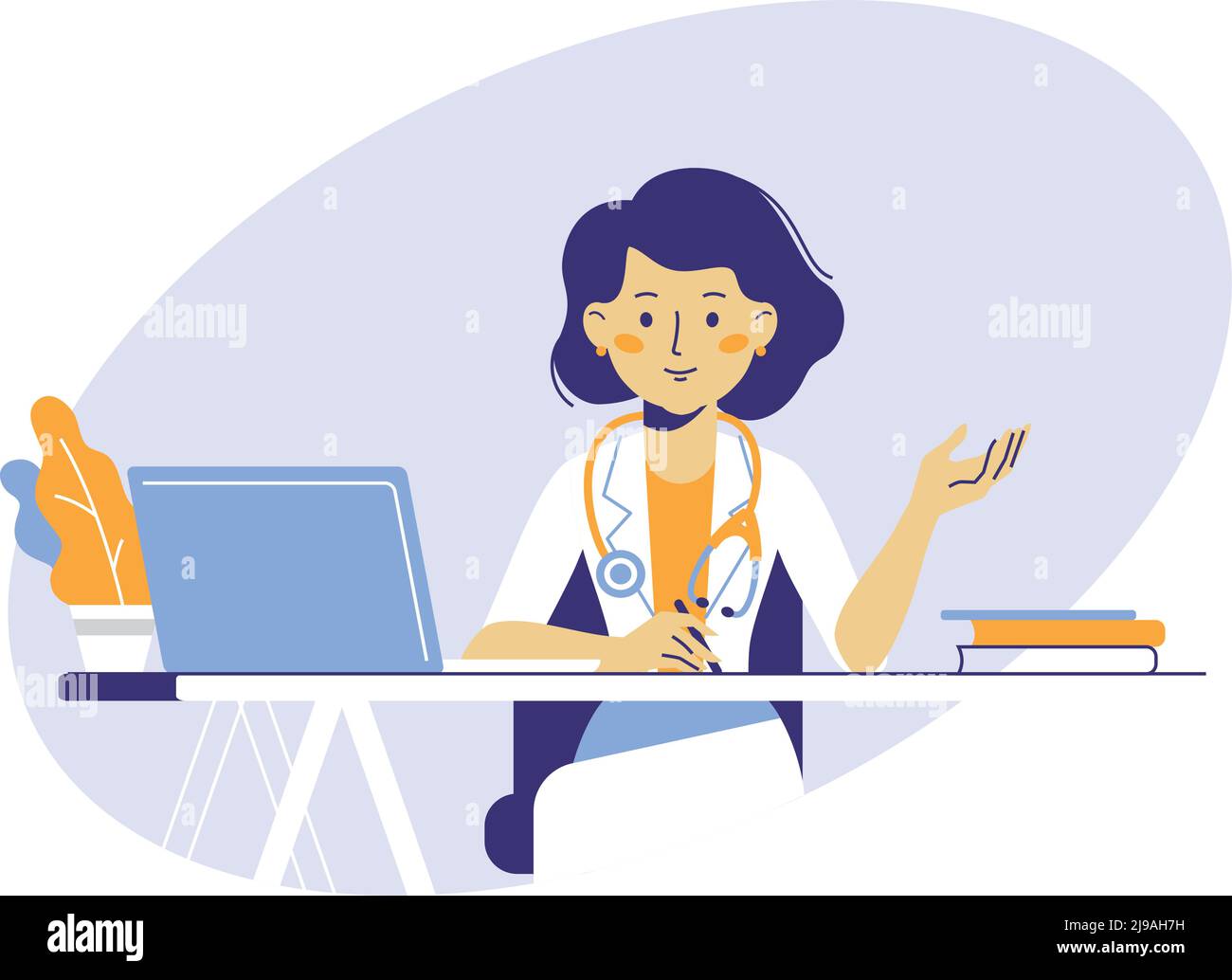 Practitioner young doctor woman sits by the table in hospital medical office. Consultation and diagnosis. Stock Vector