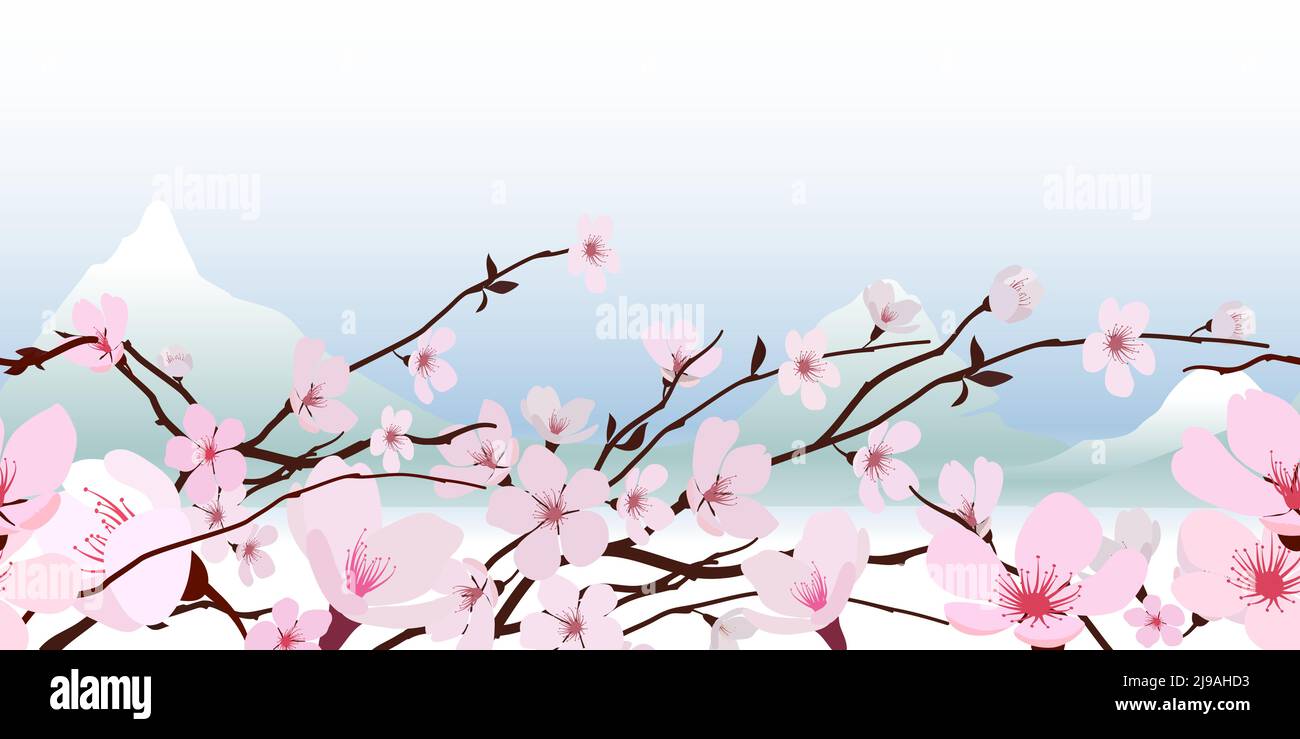 Delicate pink fresh spring Japanese flowering cherry blossom in a horizontal pattern with a backdrop of snowy mountain peaks against a pastel blue sky Stock Vector