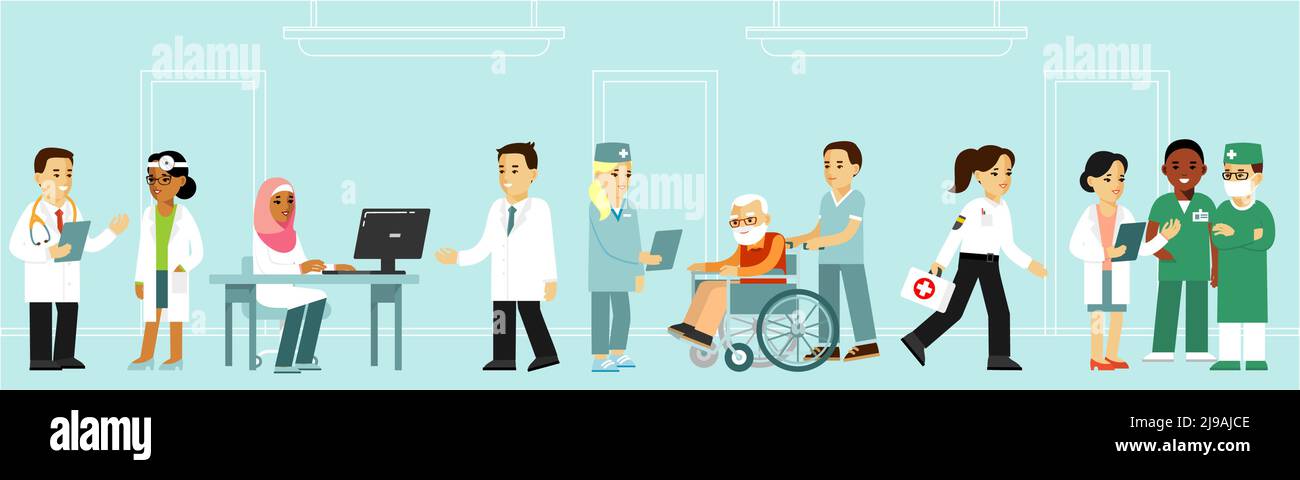 Group of young practitioner doctors men and women in hospital office. Consultation and diagnosis Stock Vector