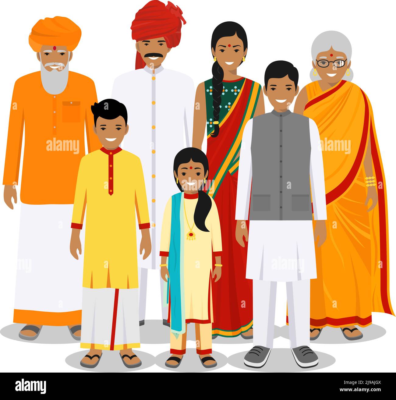 Generations man. Indian people: grandmother, grandfather, father, mother, boy, girl standing together in traditional clothes. Social and Family concep Stock Vector