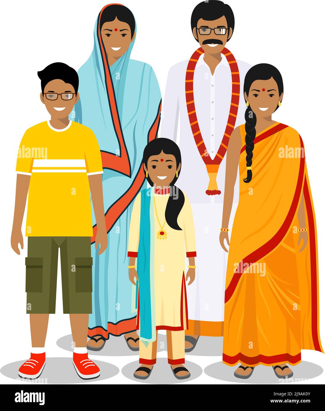 Generations man. Indian people father, mother, boy, girl standing together in traditional clothes. Social concept. Family concept. Stock Vector