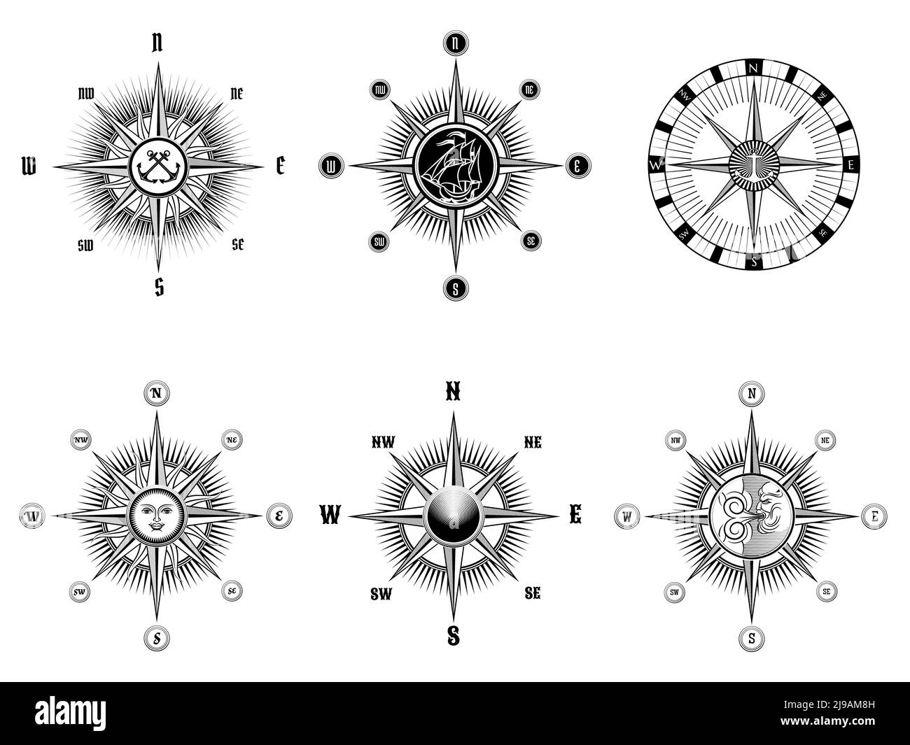 Set of vintage nautical or marine compass icons drawn black lines on a white background. Vector illustration Stock Vector