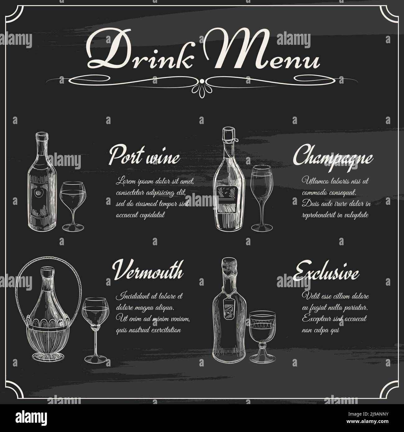 Drink menu elements on chalkboard. Restaurant blackboard for drawing