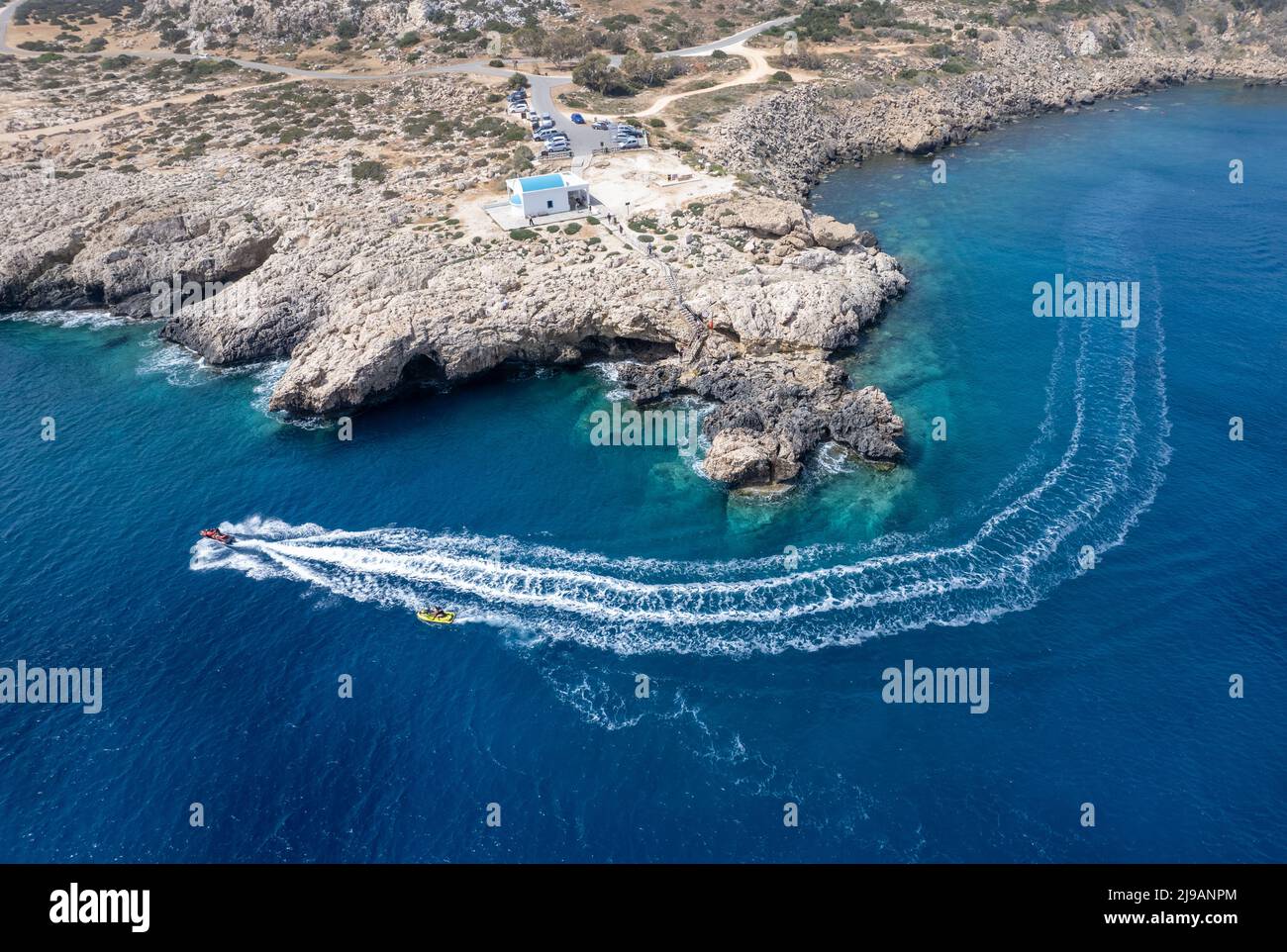 Aerial view of speed motor boat on open sea. Protaras Cape Greco Cypus Stock Photo