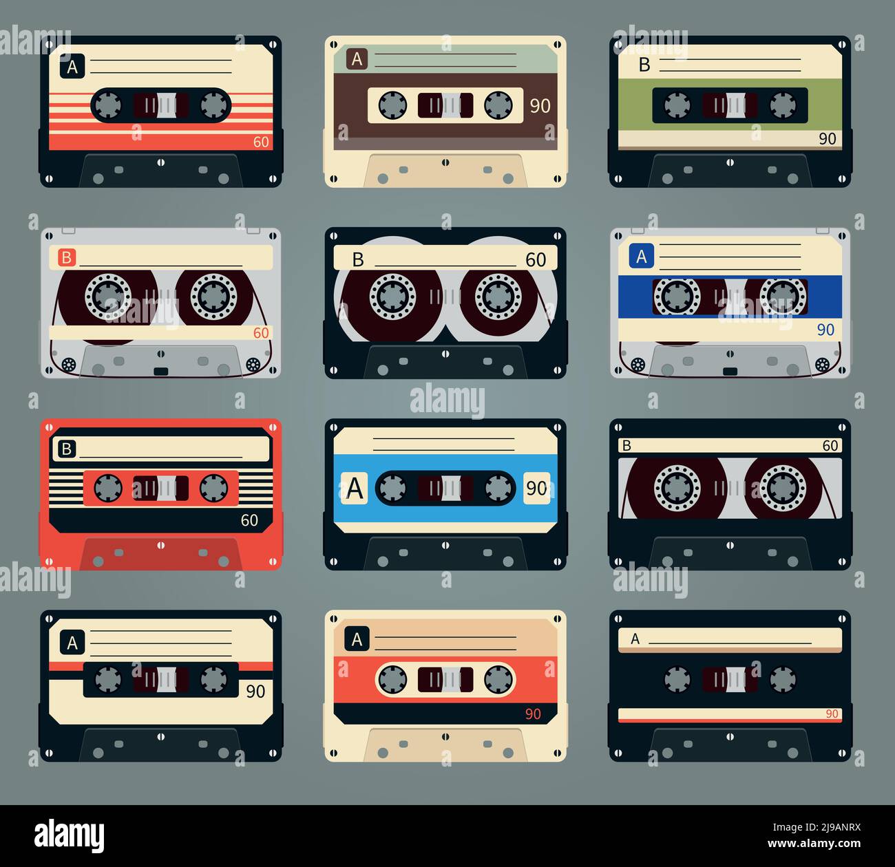 Set of vector retro audio cassettes. Tape and audio, music and sound ...