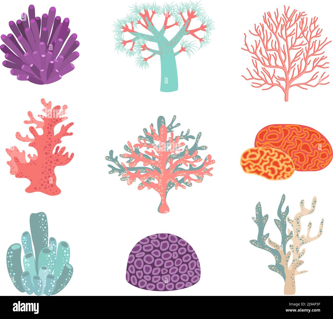Set of underwater color coral icons. Reef nature marine, aquatic vector illustration Stock Vector