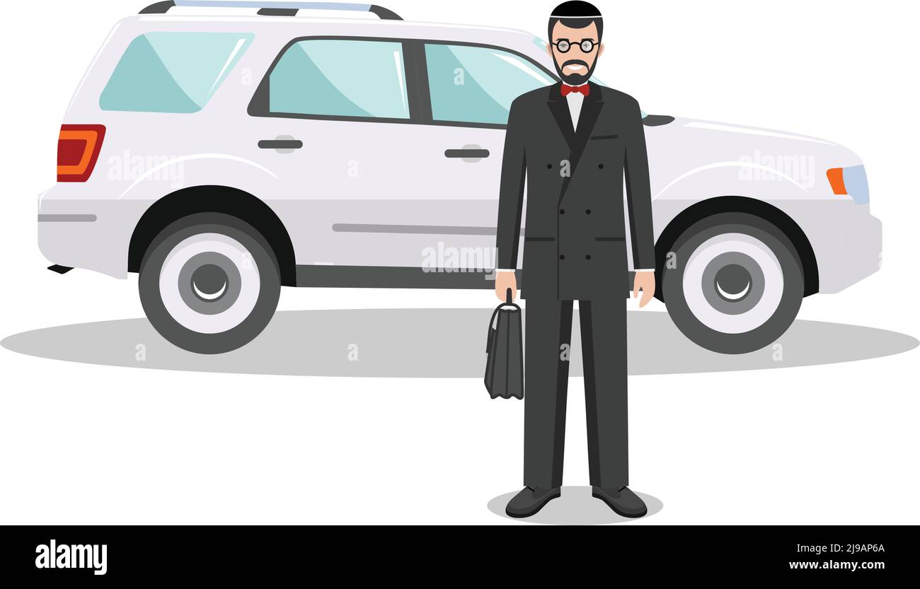 Detailed illustration of automobile and jew businessman on white background in flat style. Stock Vector
