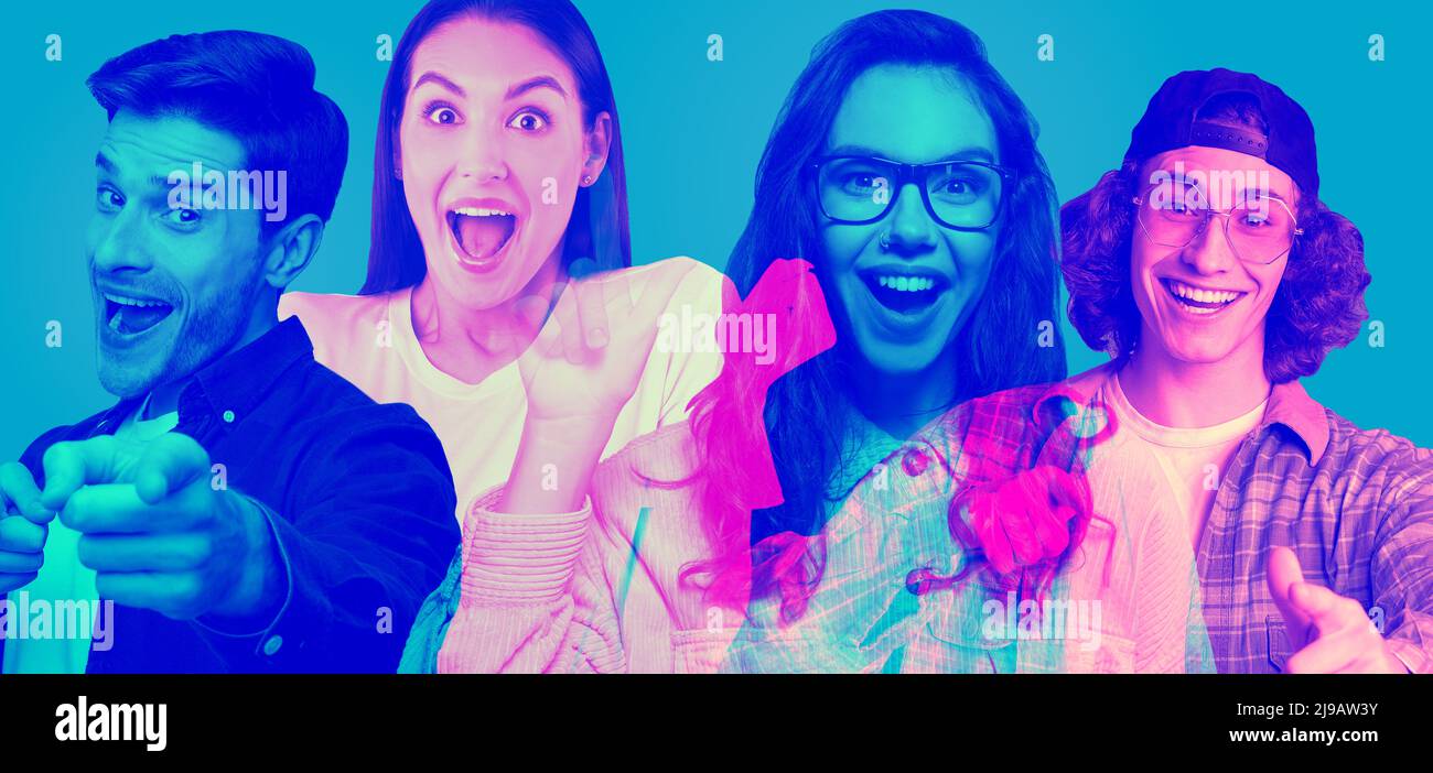 Creaitve collage in halftones, set of emotional young people Stock Photo