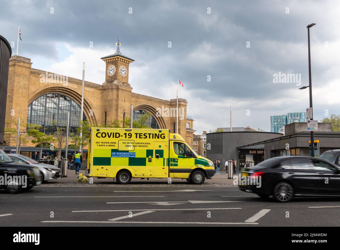 An ambulance providing Covid-19 testing is parked outside Kings Cross train station. London, UK Stock Photo