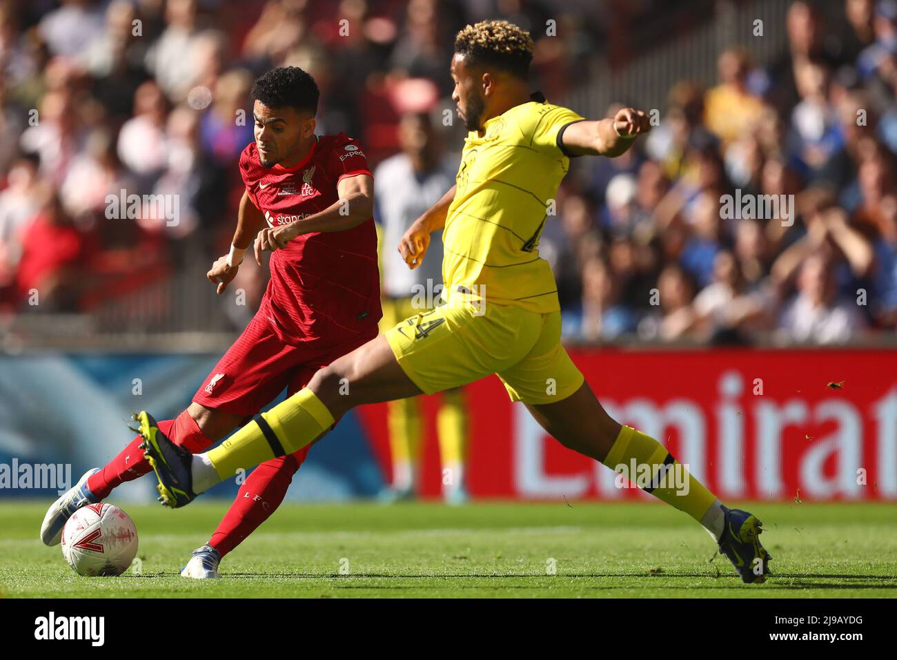 Luis Diaz Of Liverpool Shoots At Goal Under Pressure From Reece James Luis Diaz Of Liverpool Shoots At Goal Under Pressure From Reece James