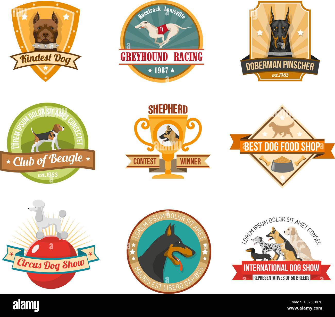 Dogs colored emblems set with pet award shields and cups isolated vector illustration Stock Vector